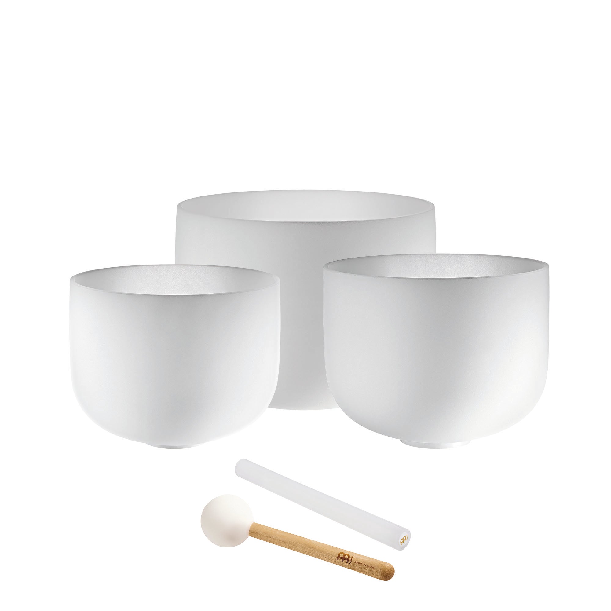 3-Piece White-Frosted Crystal Singing Bowl Set, A4/F4/C4, 432 Hz