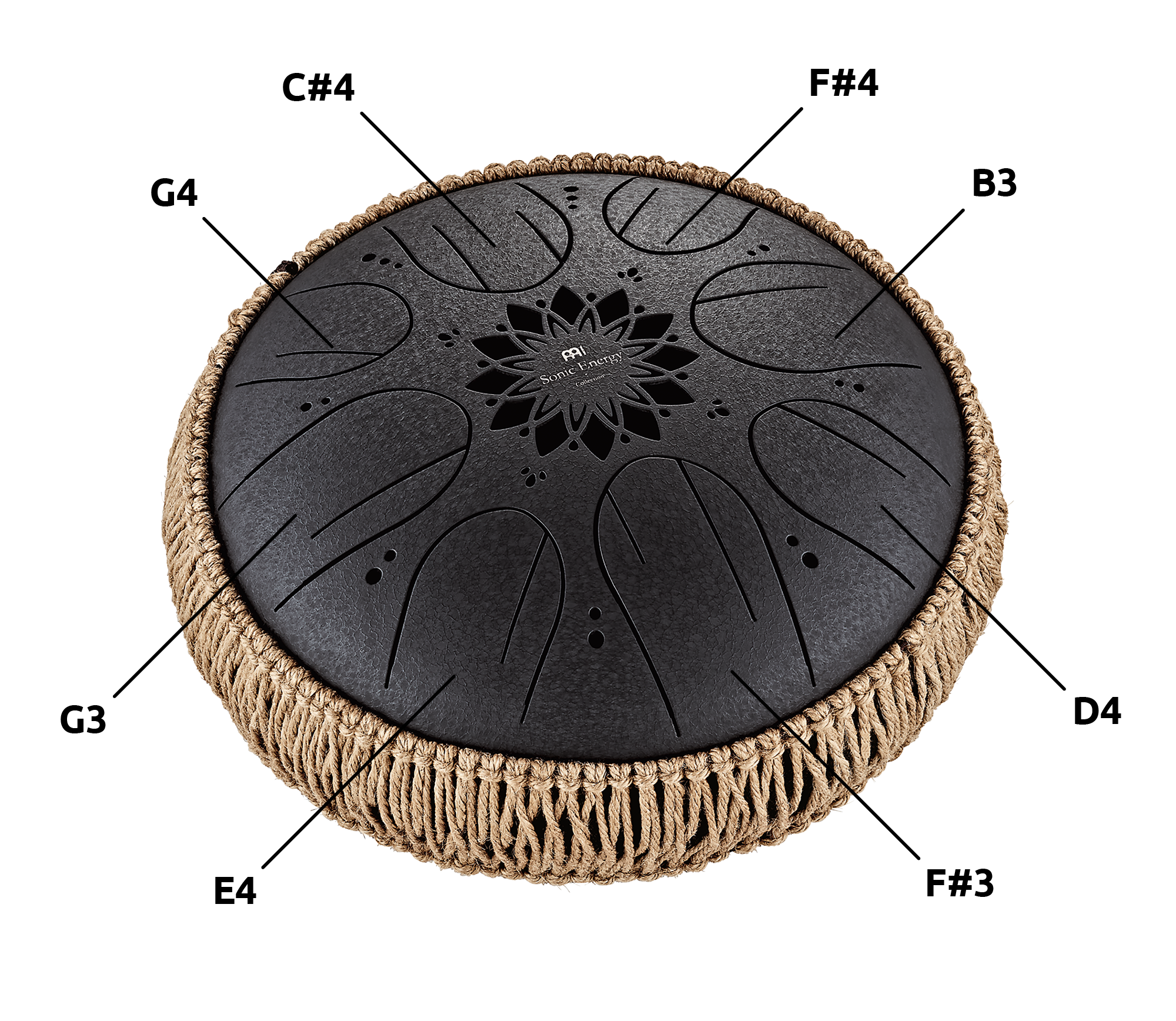 10" Medium Octave Steel Tongue Drum, B Minor, 8 Notes, 432 Hz, Black