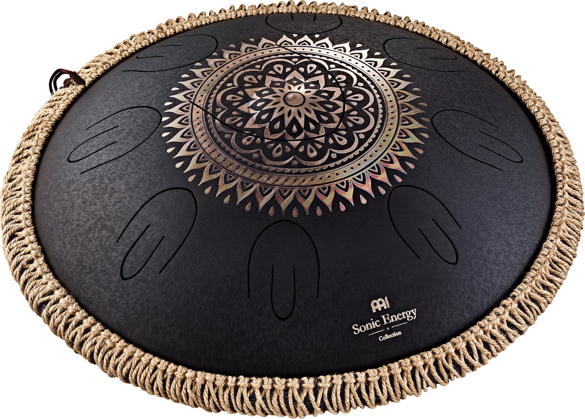 16" Octave Steel Tongue Drum, D Kurd, Lasered Floral Design, Black