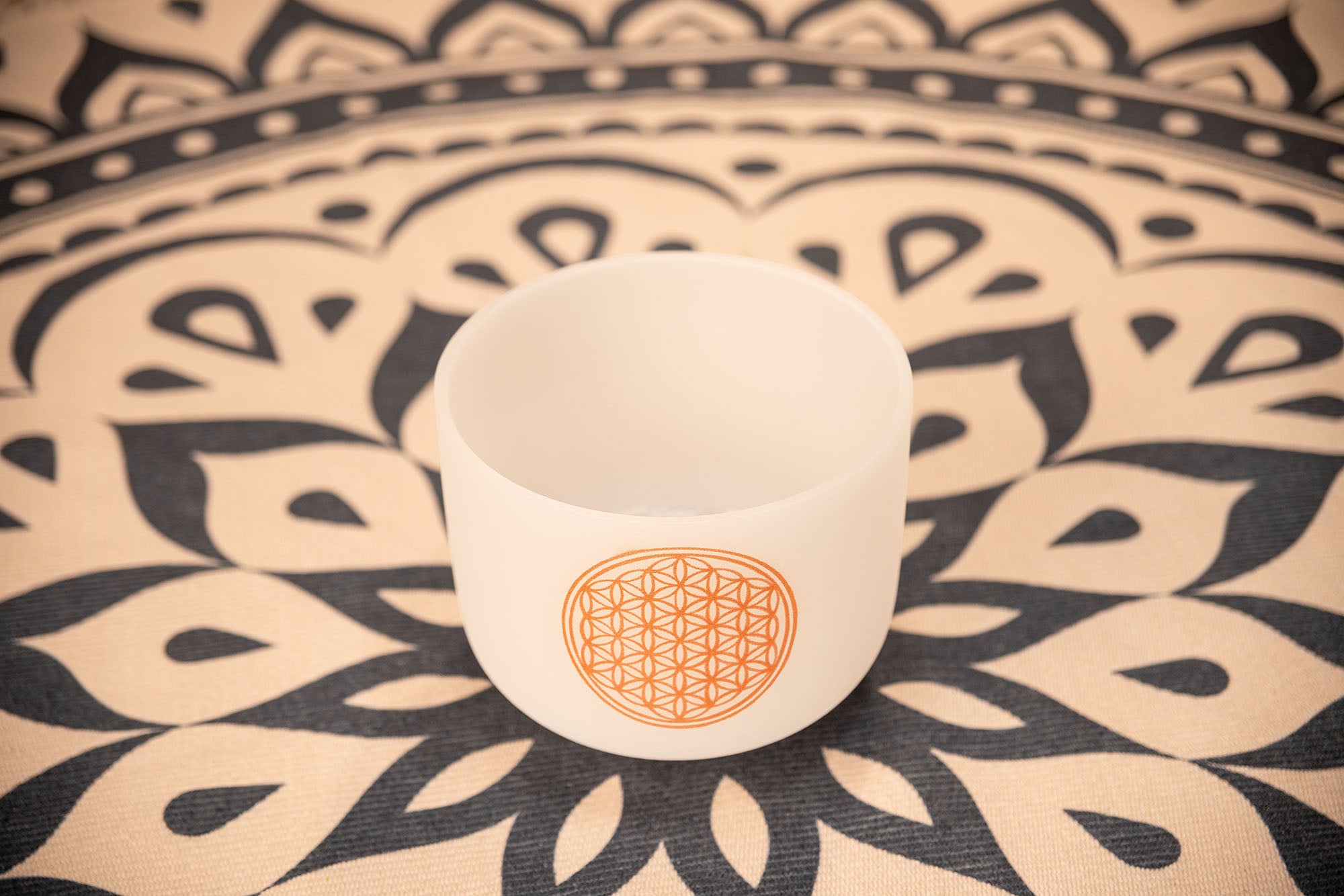 8" White-Frosted Crystal Singing Bowl, Flower of Life 128 Hz