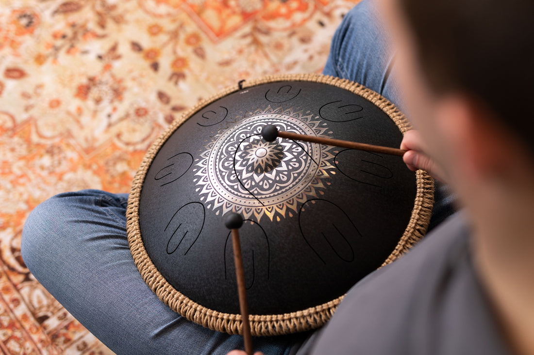 16&quot; Octave Steel Tongue Drum, D Kurd, Lasered Floral Design, Black